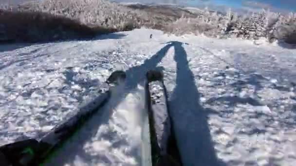 Esqui. Esqui Visão de câmera de ação de esquis de esquiador que vai descer em esqui alpino em encostas de neve em montanhas. Homem descendo em esqui se divertindo em trilhas. Inverno esporte atividade ao ar livre vídeo — Vídeo de Stock