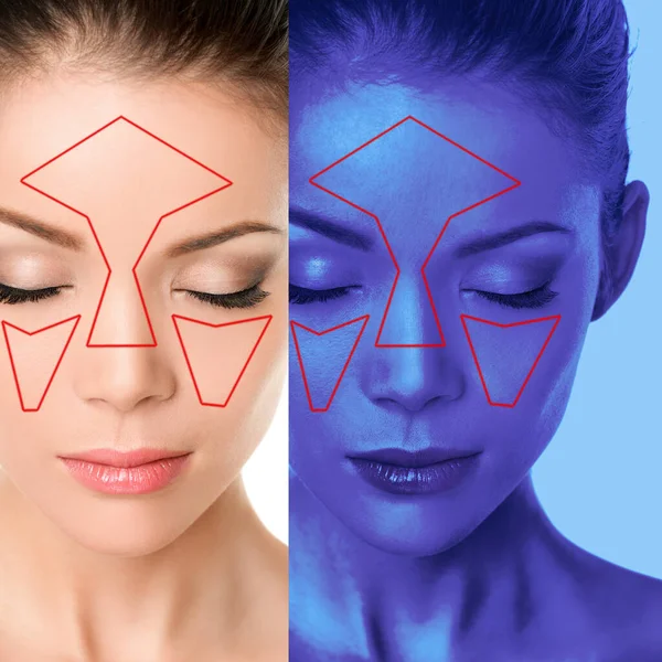 Análisis facial de la piel del rostro cartografía facial mujer analizando problemas de envejecimiento de la piel, consulta de dermatología en la clínica de belleza. Software de escáner con luz azul UV — Foto de Stock