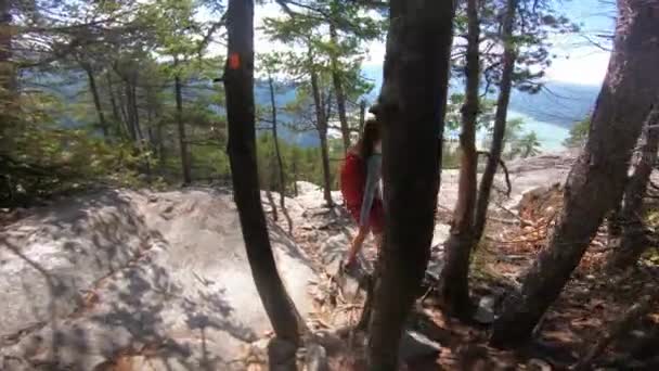 Mujer senderista que alcanza increíble punto de vista en el famoso Squamish Stawamus Chief Mountain Hike en el paisaje natural de la Columbia Británica. Destino popular de la actividad al aire libre en Canada — Vídeos de Stock