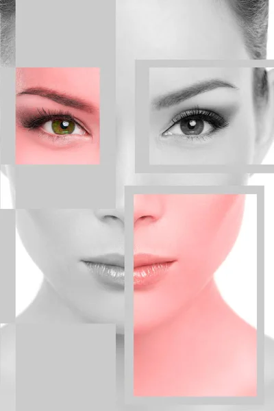 Asian woman face beauty portrait in black and white with red target areas for skin laser therapy facial treatment. Biometrics concept. Square zone shapes on face. Beautiful mixed race chinese model. — Stock Photo, Image