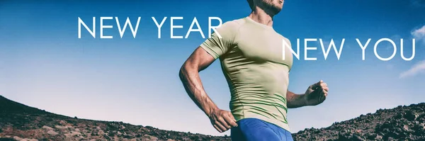 Nuevo Año Nuevo usted Resolución de la aptitud para el hombre - Panorama de la cosecha de atleta corredor corriendo para el concepto de pérdida de peso, logro de la meta en el entrenamiento. —  Fotos de Stock
