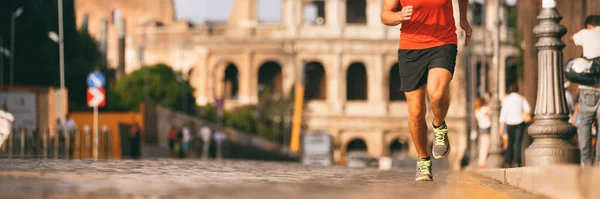 Runner running in Rome city street at marathon run. Banner panorama of athletes legs and running shoes in outdoor background. — Stock Photo, Image