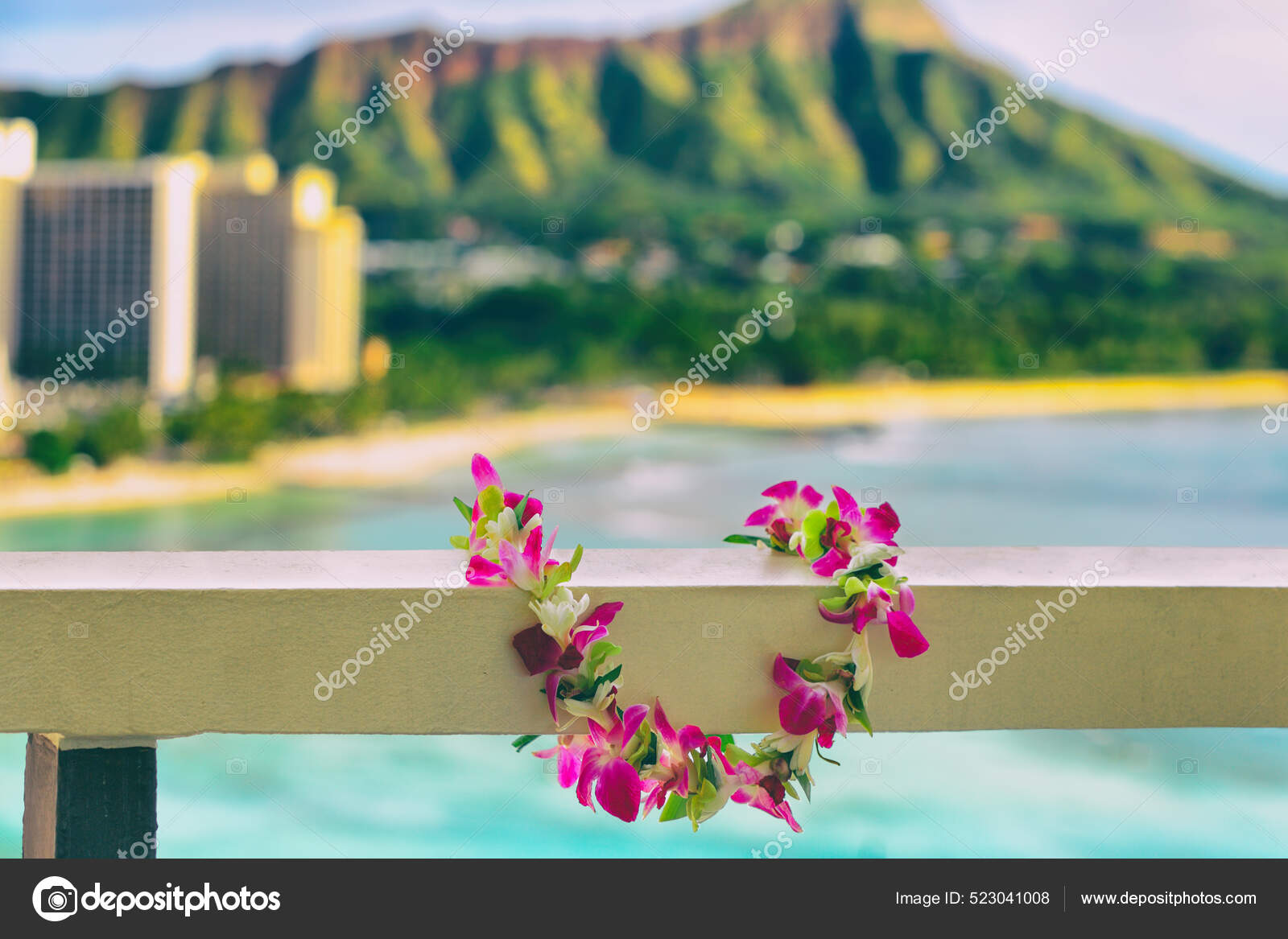 Hawaii background hawaiian flower lei with Waikiki beach landscape