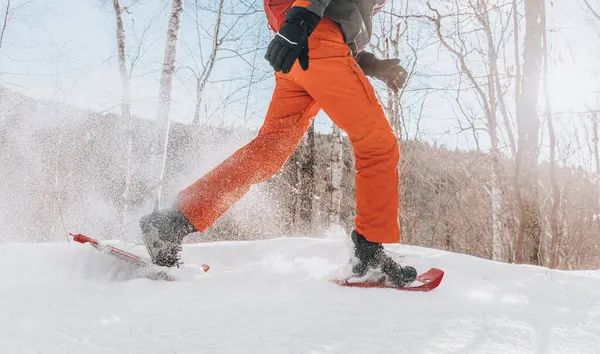 Snöskovandring i vinterskogfjäll i snö. Man på vandring i snö vandring i snöskor lever hälsosam aktiv utomhus livsstil på vintern på snöig dag. Ben och snöskor närbild — Stockfoto