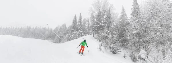 滑雪板。人在高山滑雪的概念-滑雪滑雪者在高山雪地下山坡覆盖滑雪道斜坡在完美的粉末雪日，同时享受自然景观。全景横幅 — 图库照片
