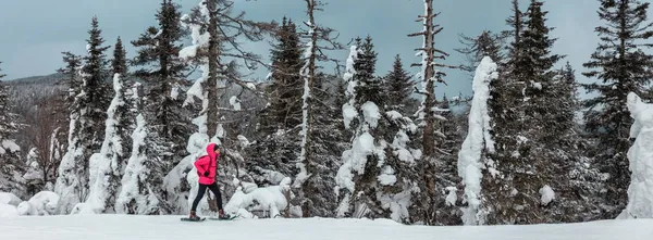Ciaspolata donna escursionismo nella neve in montagna foresta. Attività sportiva invernale sul freddo escursionista di racchette da neve all'aperto che cammina da solo sul banner paesaggio — Foto Stock