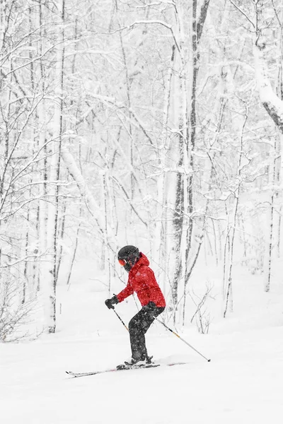 Esqui alpino. Mulher esquiador indo dowhill rápido contra a neve coberto árvores fundo durante a tempestade de neve de inverno. Mulher de casaco vermelho e óculos. País das maravilhas do inverno — Fotografia de Stock