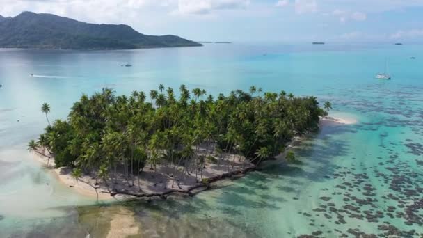 Travel Vacation Drone Video of Paradise Island Tropical Coral Reef Nature Landscape, Bora Bora, Polinésia Francesa. Filmagem aérea de Motu Tapu, lagoa azul-turquesa, Taiti, Oceano Pacífico Sul — Vídeo de Stock