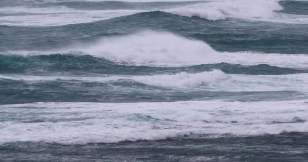 Big waves in ocean sea on windy storm day — стоковое видео