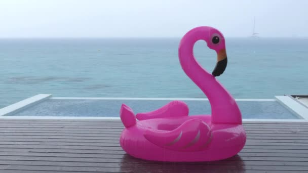Rain on Vacation - funny video of flamingo float by luxury pool while raining — Vídeo de Stock