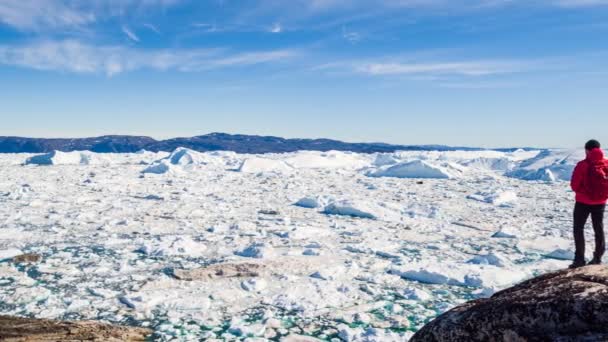 Utazás a sarkvidéki táj természet jéghegyek - Grönland turista ember Explorer — Stock videók