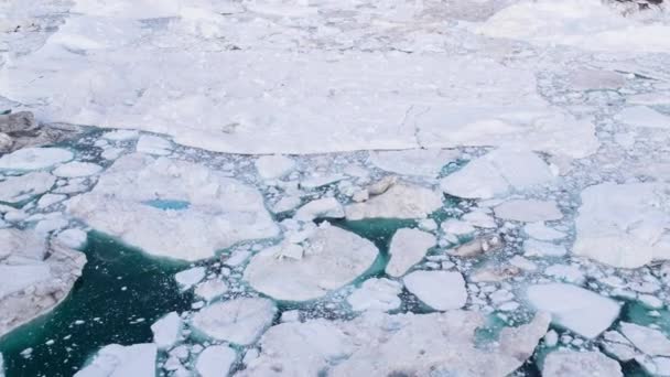 Klimaatverandering en opwarming van de aarde - Icebergs drone lucht video top view — Stockvideo