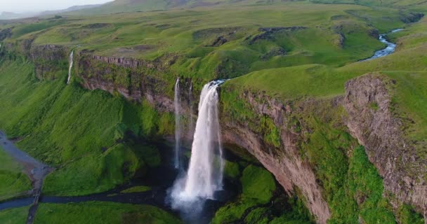 Islândia Drone aéreo 4K vídeo de cachoeira Seljalandsfoss na natureza islandesa. Atrações turísticas famosas e destinos de referência na paisagem natural islandesa na Islândia do Sul — Vídeo de Stock