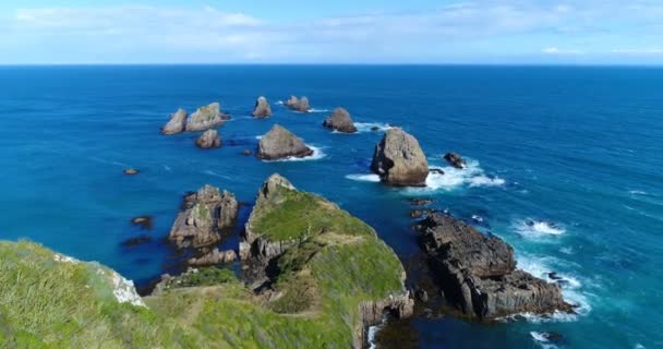 Drohnenaufnahmen aus Neuseeland vom Leuchtturm Nugget Point in der Region Otago und der Halbinsel Südinsel, Neuseeland. Schönes Touristenziel und Attraktion — Stockvideo