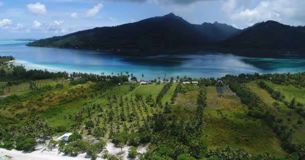 French Polynesia Tahiti aerial view of island Huahine and Motu Murimaora, coral reef lagoon and Pacific Ocean. Tropical paradise — стоковое видео