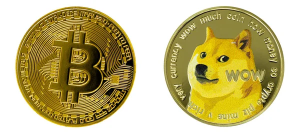 Bitcoin and Dogecoin isolated on white background. Cryptocurrency - photo of golden bitcoin physical gold coin and Doge coin. Symbol of crypto currency — 图库照片