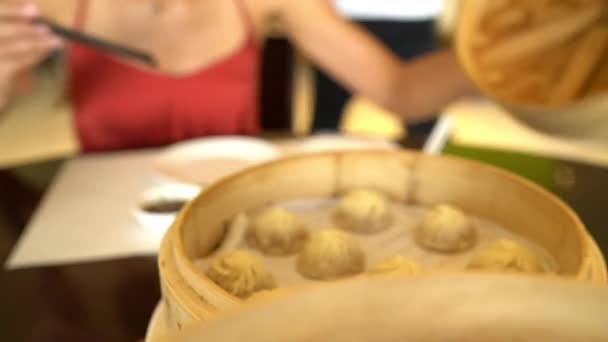Asian cuisine - typical shanghai chinese food xiao long bao soup filled dumpling — Wideo stockowe