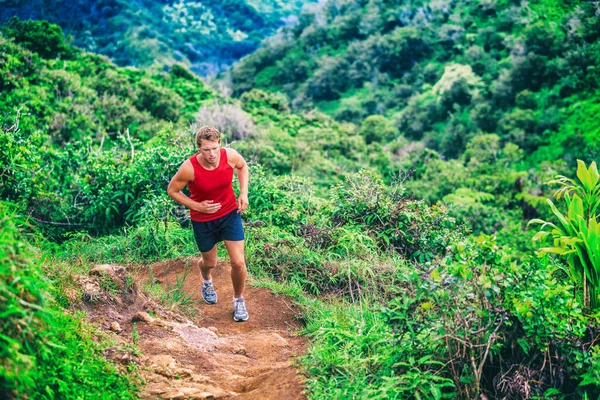 Trail running man athlete on marathon race. runner going up on mountain forest. Ultra running sport lifestyle — Stock Photo, Image