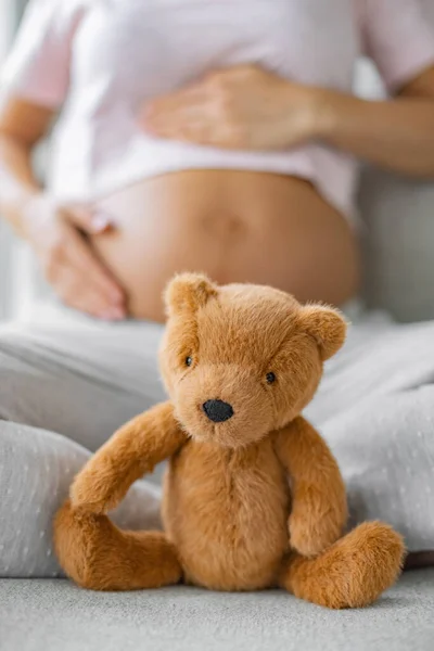 Zwangerschap baby speelgoed teddybeer en zwangere vrouw strelen haar buik op de achtergrond. Verticaal gewas — Stockfoto