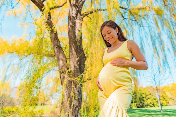 Mujer embarazada asiática sonriendo mirando hacia abajo a su protuberancia bebé para la maternidad sesión de fotos del embarazo en la naturaleza del parque de primavera amarillo al aire libre. Saludable feliz joven madre para ser — Foto de Stock