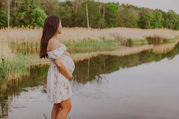 Natural pregnancy woman relaxing at countryside lake wearing maternity dress for nature walk. Pregnant Asian young happy healthy girl outdoor lifestyle.