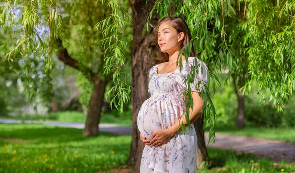 Mujer Belleza Asiática Embarazada Parque Verano Chica Del Embarazo Natural — Foto de Stock