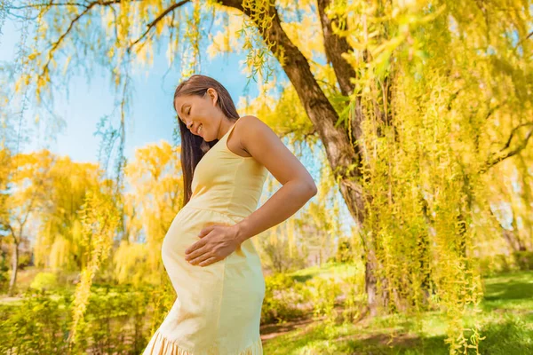 Ropa Maternidad Embarazo Mujer Embarazada Asiática Sosteniendo Barriga Del Bebé — Foto de Stock