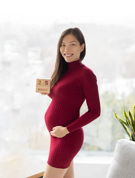 Asyalı Hamile Bir Kadın Haftalık Hamilelik Sonrası Fotoshoot Elinde Tahta — Stok fotoğraf