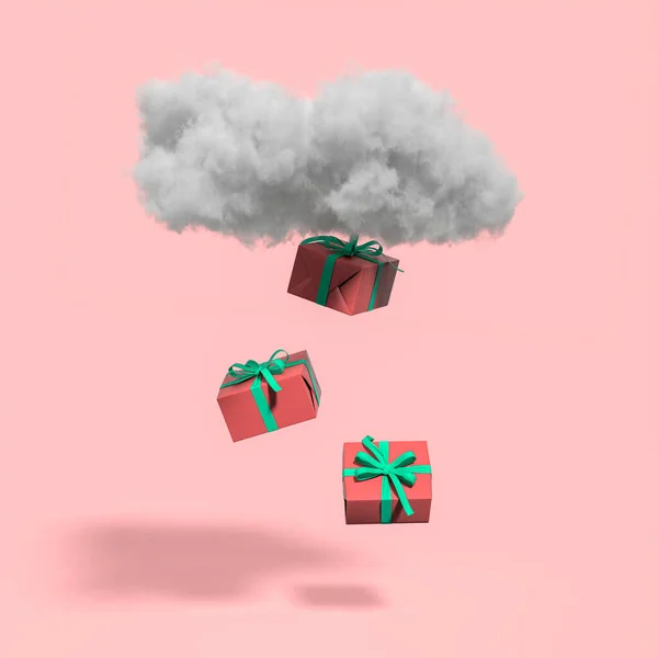 Nube Con Caja Regalo Lluvia Sobre Pastel Rosa Background Render — Foto de Stock