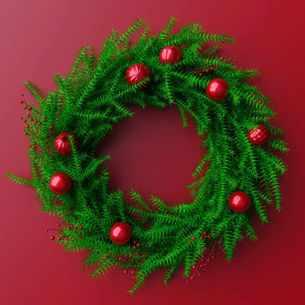 Böğürtlen ve yemyeşil bir Noel çelengi. Kırmızı toplar ve arka plan. 3d oluşturma