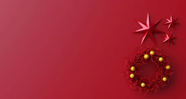 Kırmızı Noel çelengi altın top, kırmızı arka planda üç kırmızı yıldız. Düz konum, üst görünüm, kopyalama alanı. 3d oluşturma