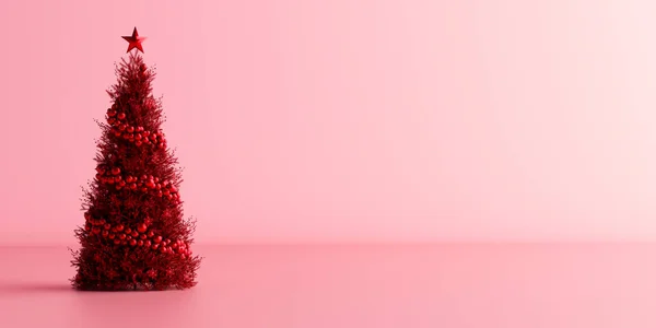 ピンクの背景 コピースペース 3Dレンダリング付きの赤いクリスマスツリー — ストック写真