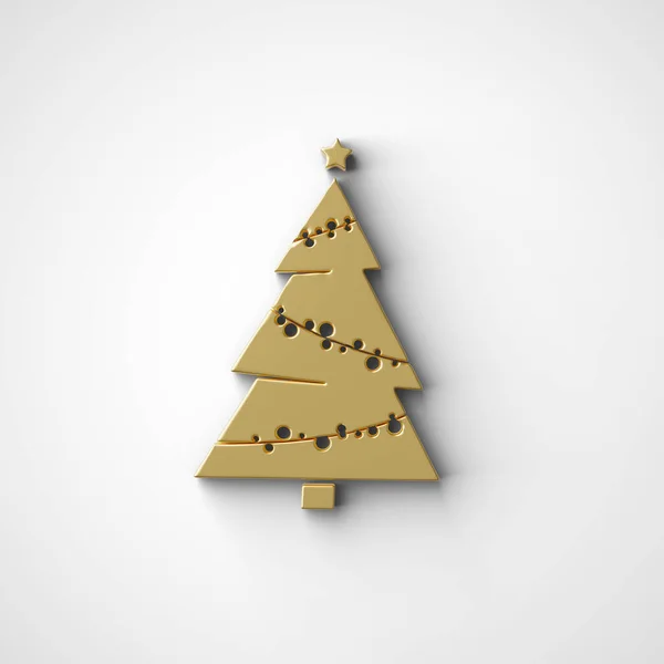 Metalik altın 3D Noel ağacı. Üç boyutlu gerçekçi ve soyut bir model. Özel renk arkaplanı