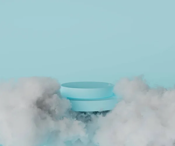 Blauw Rond Podium Podium Voetstuk Vliegen Wolken Aan Hemel Perfecte — Stockfoto