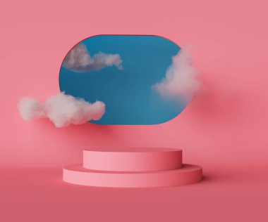 3D görüntüleme, soyut arkaplan, pembe duvarın içinde mavi gökyüzü. Odanın içinde boş podyumu olan beyaz bulutlar uçuşuyor. Boş sahne maketi boş sahne ile