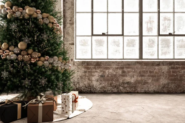 Noel ağacı süslemeli Whit hediye kutuları. 3d hazırlayıcı