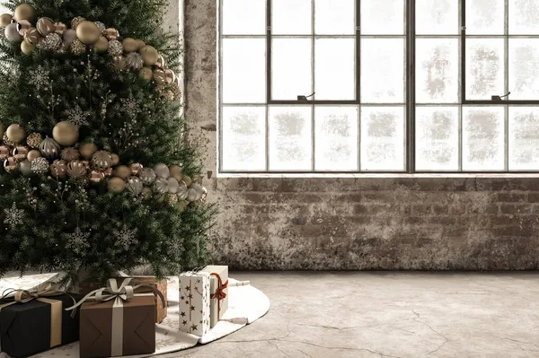 Zdobené Vánoční Stromeček Pozadí Bílé Dárkové Krabice Vykreslení Royalty Free Stock Obrázky