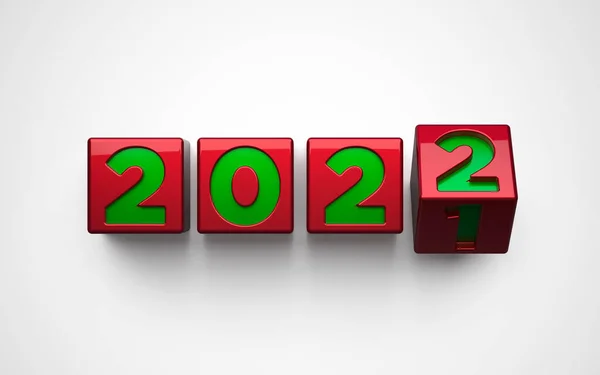 2021 'in beyaz zemin üzerinde 2022' ye dönüşen kırmızı küplerin 3 boyutlu bir çizimi