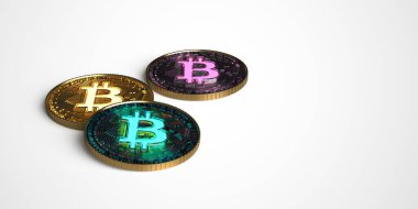 Beyaz arka plan modelinde üç altın ve mavi bitcoin para. 3d resimleme.