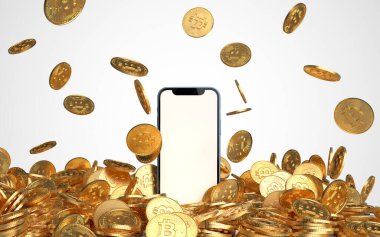 Beyaz arka planda uçan bitcoin 'li cep telefonu. Kripto para birimi konsepti için madencilik veya engelleme teknolojisi. Soyut 3B resimleme Arkaplanı.