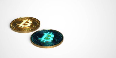 Beyaz arka plan modelinde iki altın ve mavi bitcoin para. 3d resimleme.