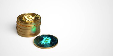 Beyaz arka plan modeli üzerinde altın mavi bitcoin paraları yığını. 3d resimleme.