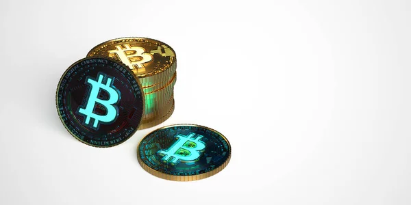Beyaz arka plan modeli üzerinde altın mavi bitcoin paraları yığını. 3d resimleme.
