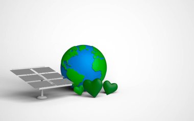 Dünya 'nın ekolojik enerjisi ve yeşil kalpler için güneş paneli, beyaz arka planda üç boyutlu resimleme