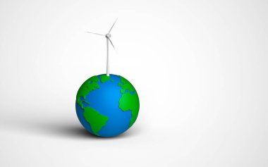 Dünya üzerinde iyi bir ekolojiye sahip beyaz rüzgar türbini jeneratörü. 3d Hazırlama