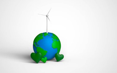 Ekolojik Enerji Konsepti. Rüzgar türbini değirmenleri, Dünya küresi ve yeşil kalpler. 3d Hazırlama
