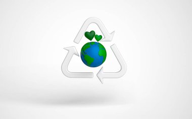 Küresel geri dönüşüm. Geri dönüşüm sembollü bir dünya modeli. Üstünde yeşil kalpler var. 3d oluşturma