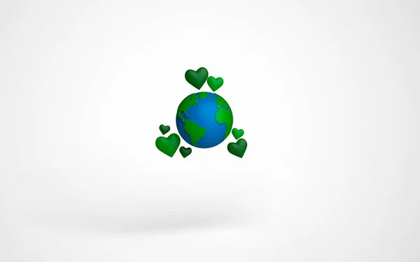 Reciclagem Global Modelo Terra Com Corações Verdes Redor Renderização — Fotografia de Stock