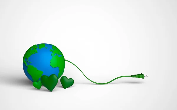 Earth Globe Power Cable Green Hearts Base Render — Stock Photo, Image