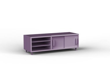 Purple sideboard. Shelf tv on white background. minimal concept idea. monochrome. 3d render.